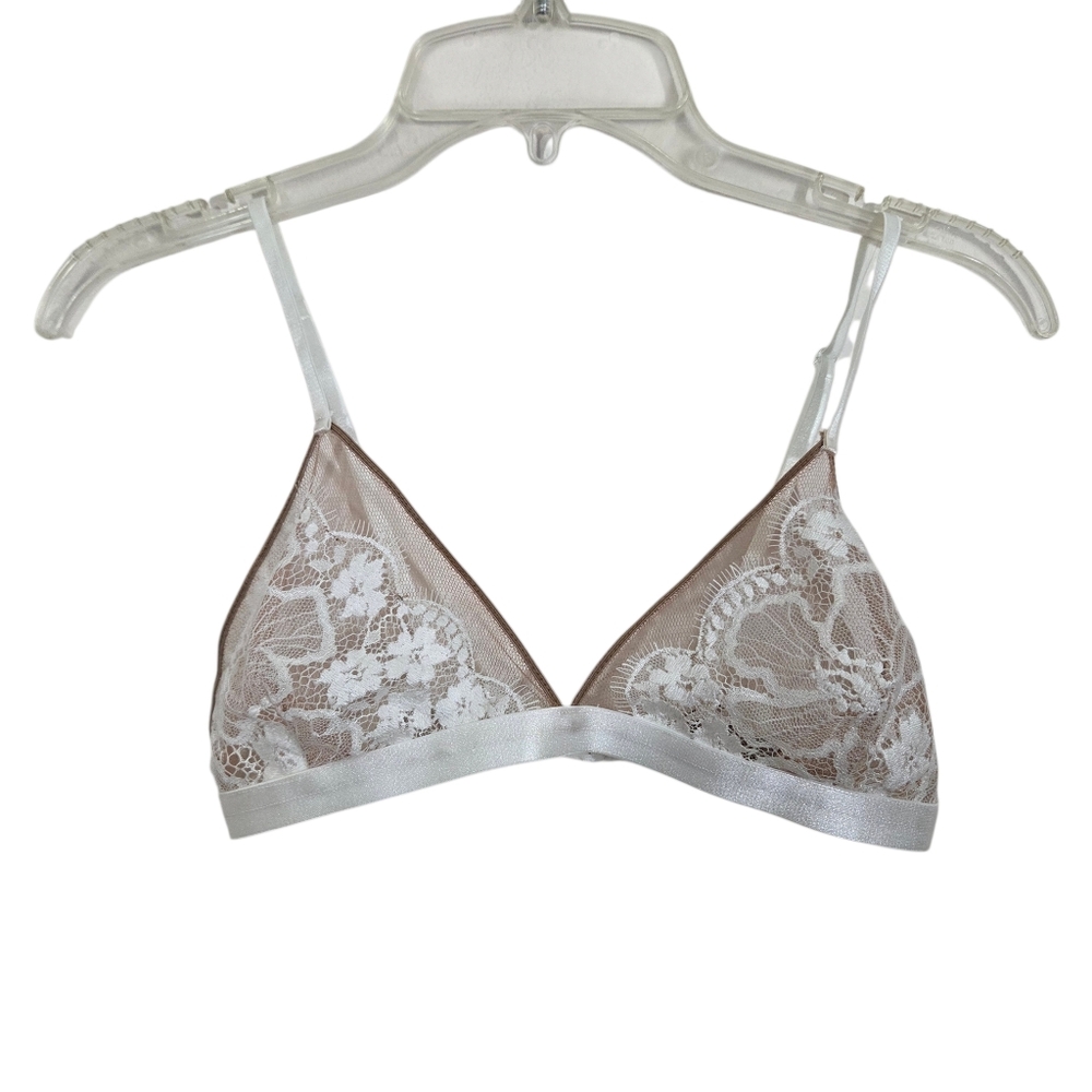 NWT For Love & Lemons Skivvies Lace Mesh Triangle Bralette White Nude Small